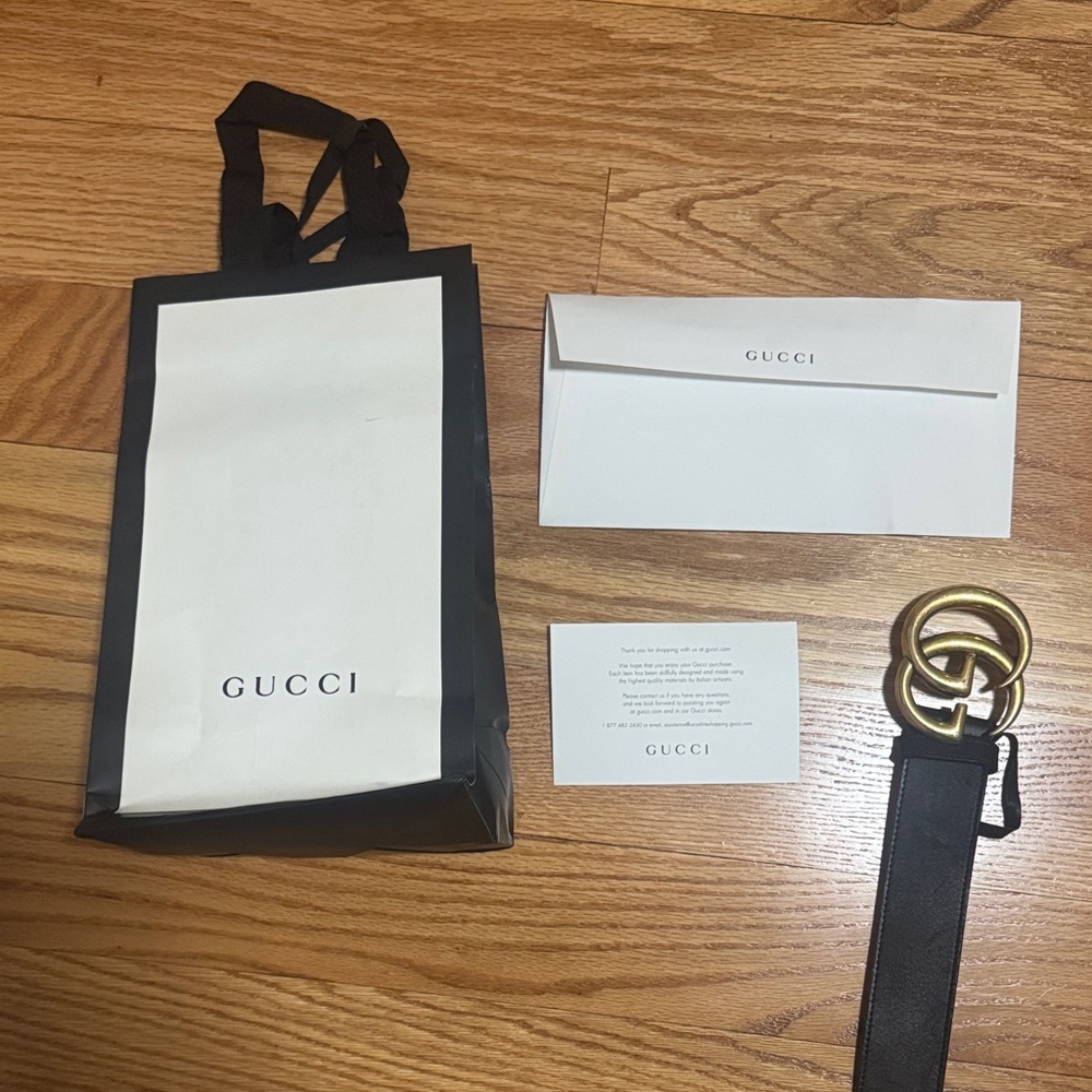Gucci Black Belt with Gold Buckle and Gift Bag